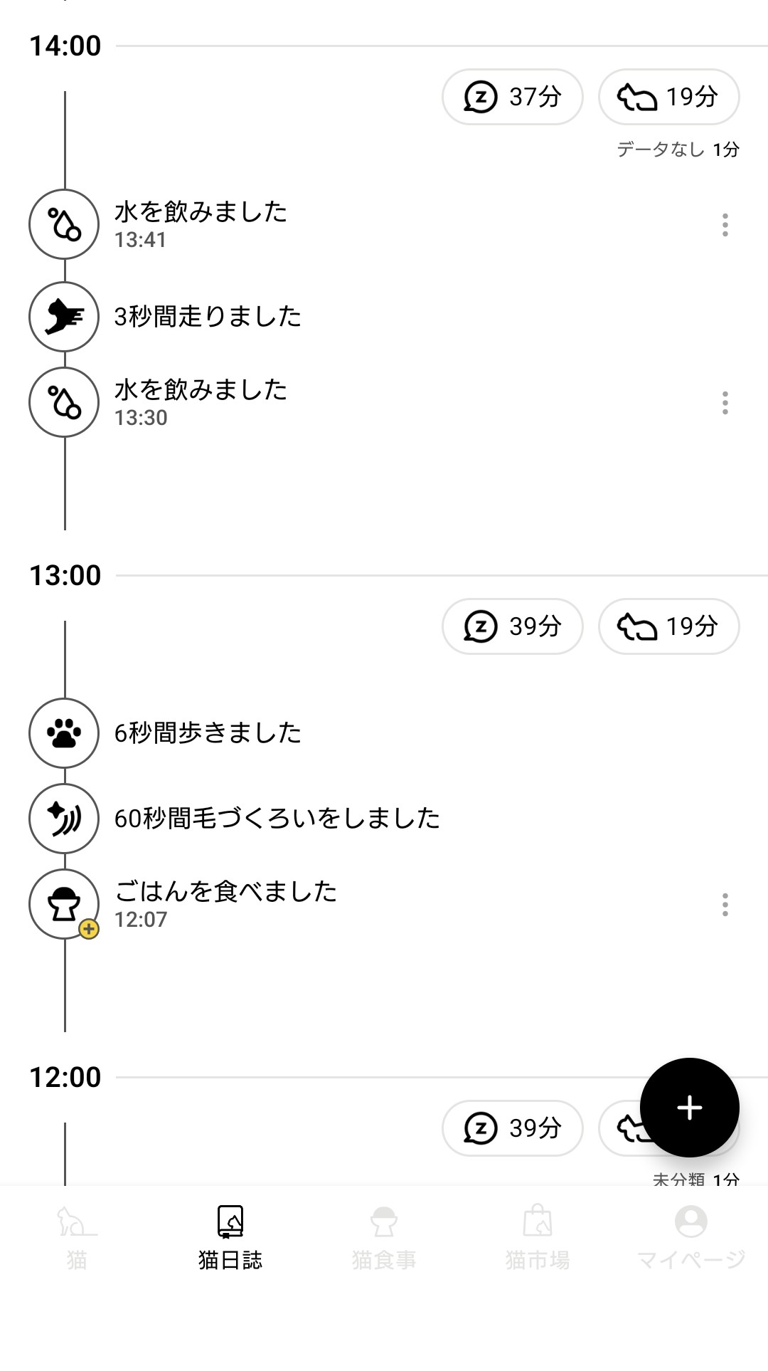 Catlogアプリの猫日誌タイムライン。水を飲みました・走りました・毛づくろい・ごはんなどが時刻つきで記録されている