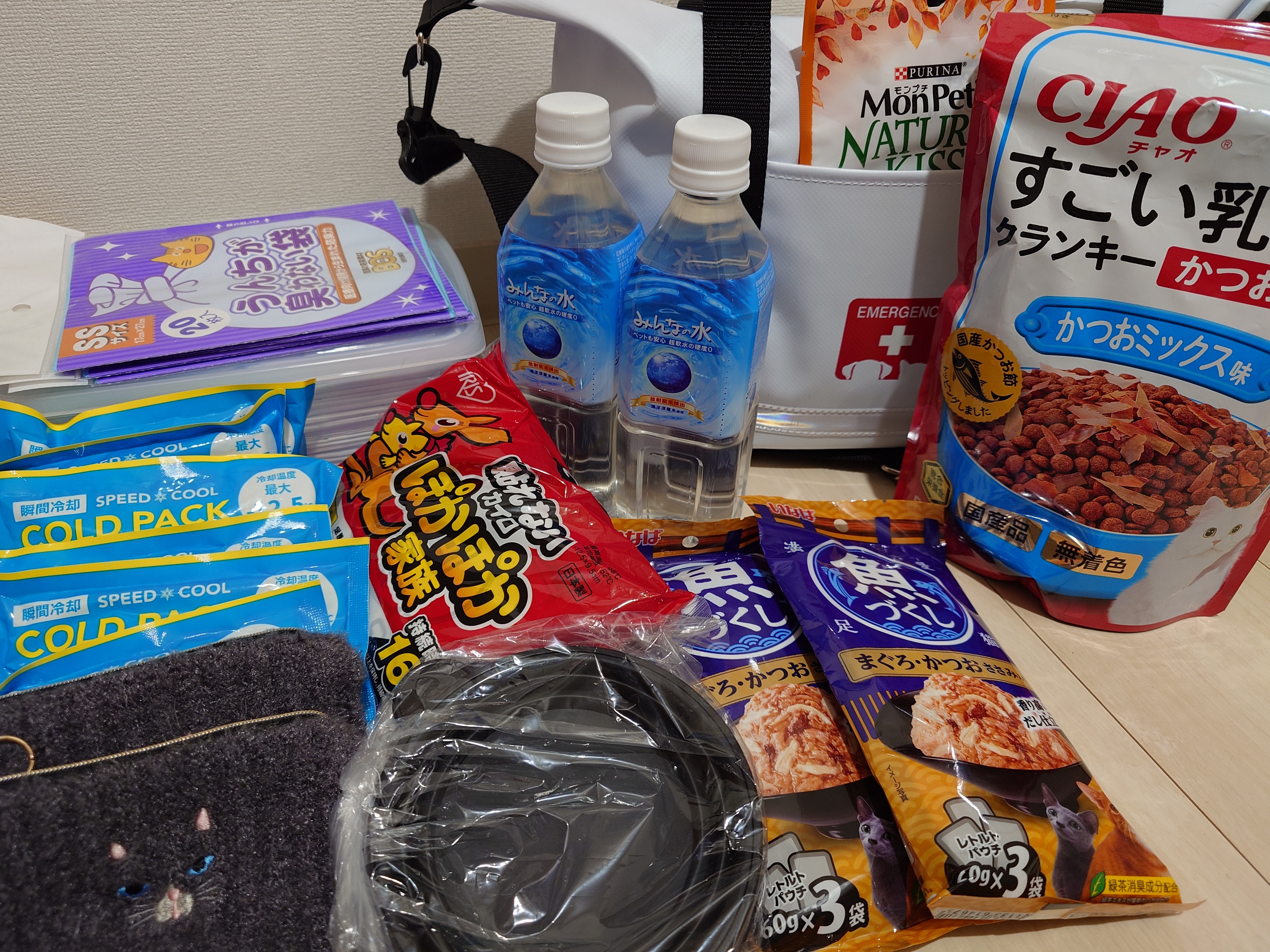 猫用の非常持ち出しバッグと中身一式