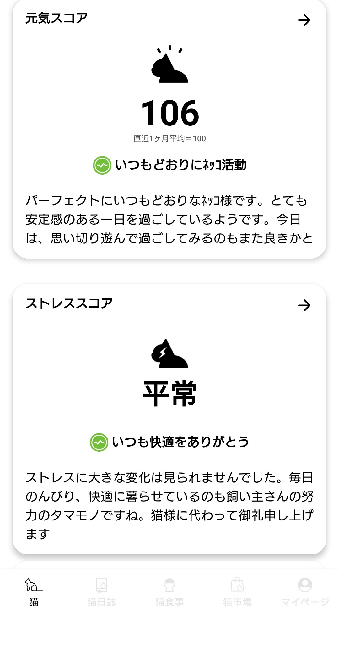 Catlogアプリのスコア画面。元気スコア106（直近1か月平均=100）で「いつもどおりにネコ活動」、ストレススコアは「平常」と表示されている